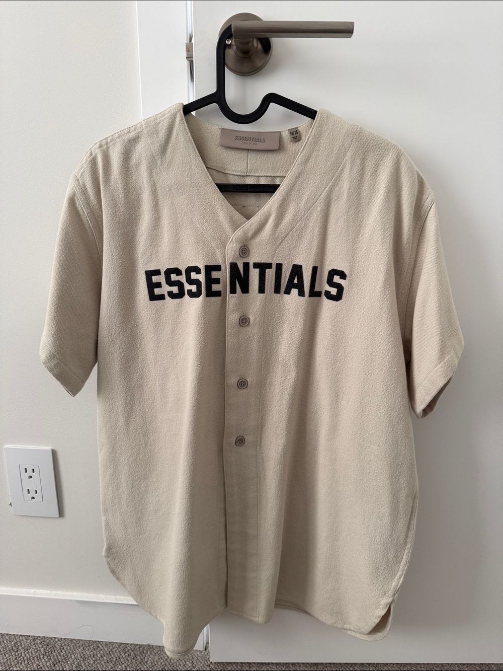 ESSENTIALS Beige Baseball-Style Button-Up Shirt with Black Logo